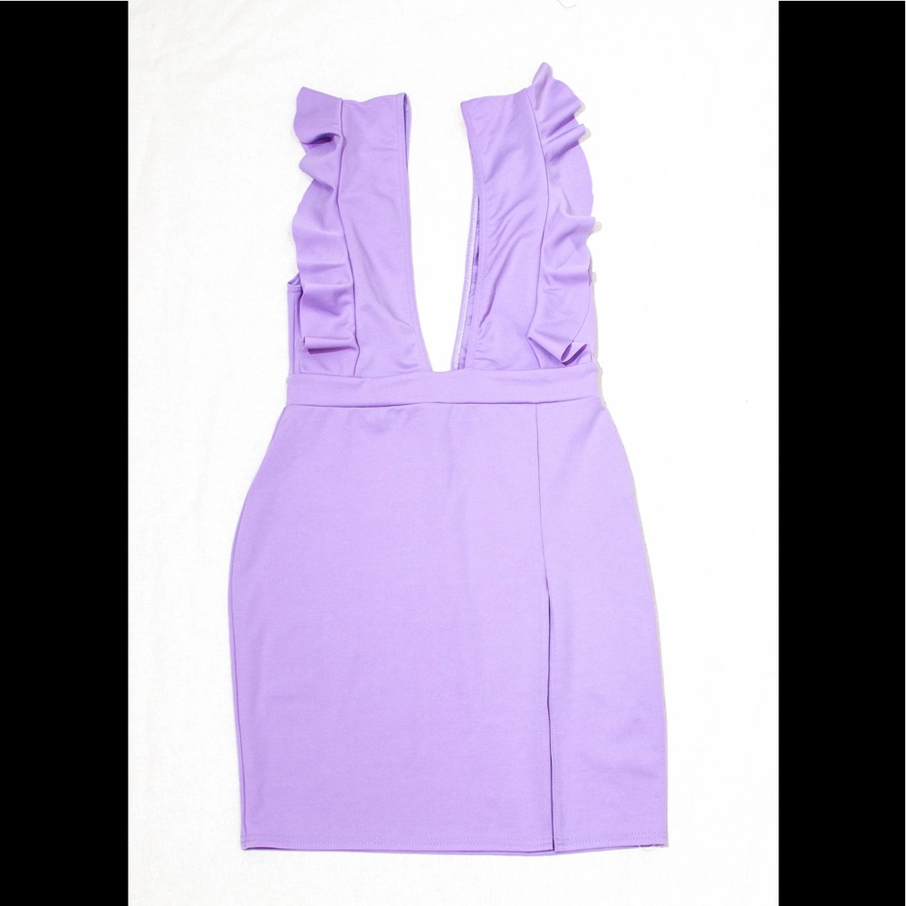 Lilac Frill Plunge Slit dress